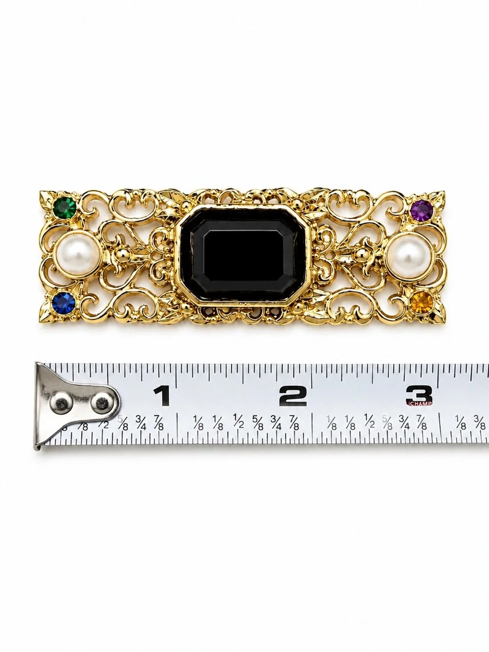 Vintage Gold Tone Filigree Brooch with Faceted Black Stone &‎ Rhinestone Accents